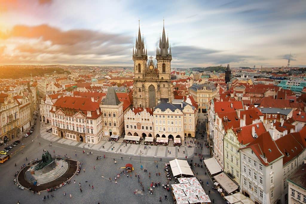 Drone shot of The Church of Our Lady before Tyn